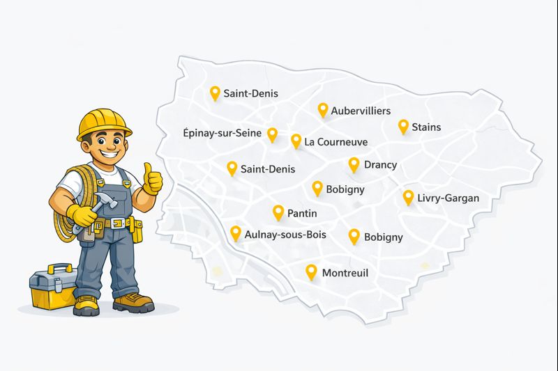 Carte de la Seine-Saint-Denis avec les principales villes et un personnage couvreur indiquant nos interventions