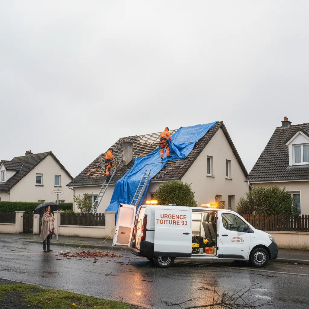 urgence toiture maison avec une bâche et un camion de couvreur