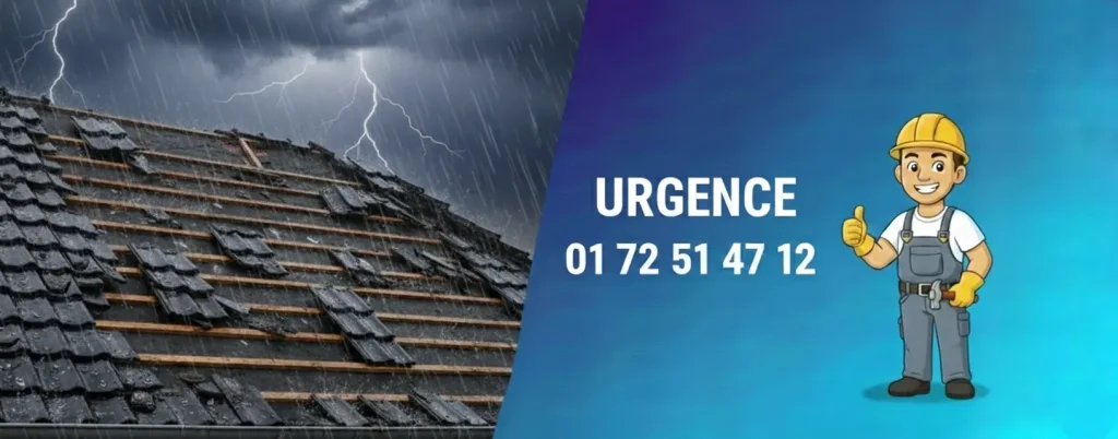 Urgence toiture avec numéro 01 72 51 47 12, photo de toiture à gauche
