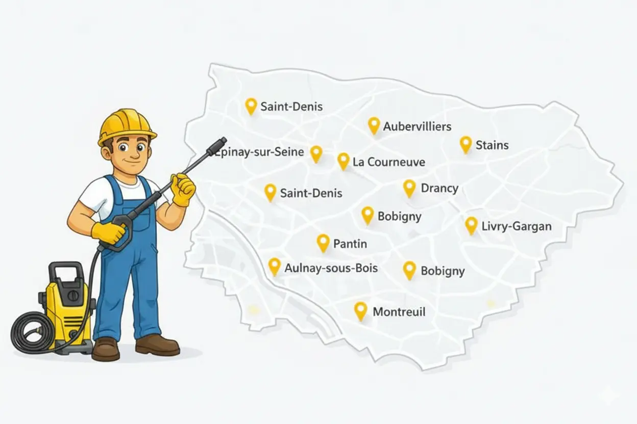 Petit bonhomme en salopette bleue avec Karcher, carte des villes du 93 à droite