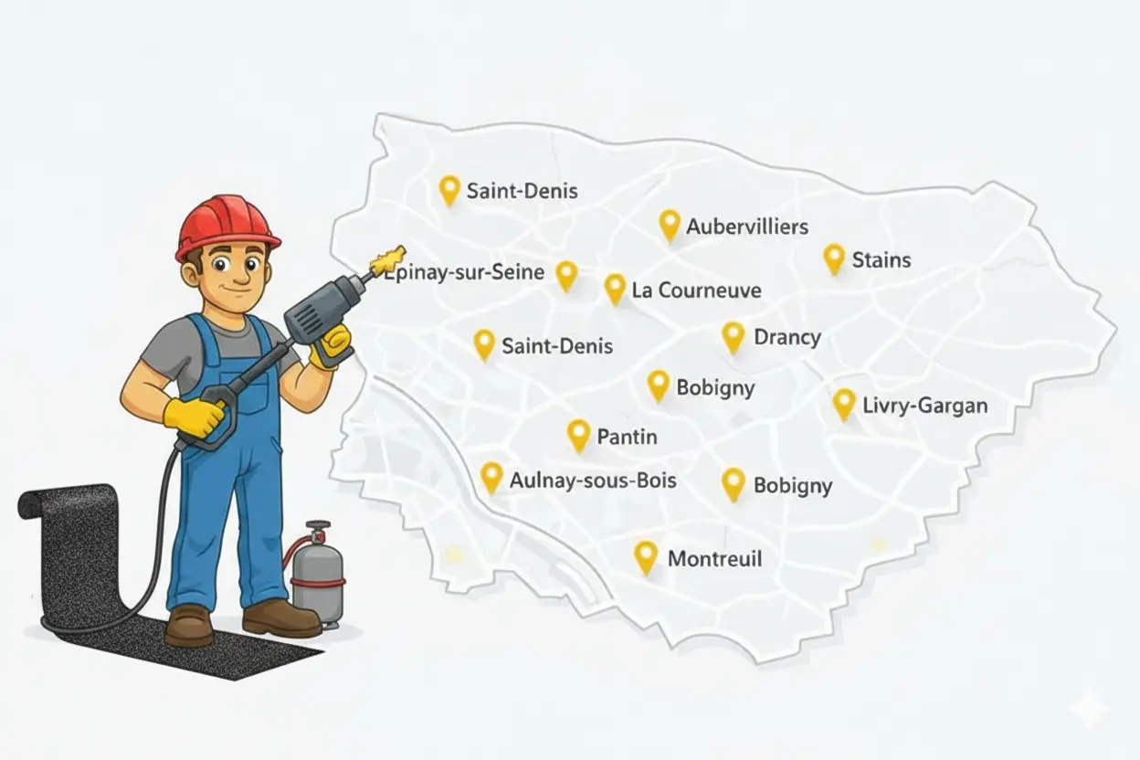 Petit bonhomme en salopette bleue avec un chalumeau et rouleaux d'étanchéité, carte des villes du 93 à droite