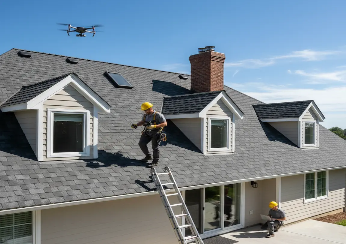 services inspection de toiture avec deux couvreur un toit et un drone
