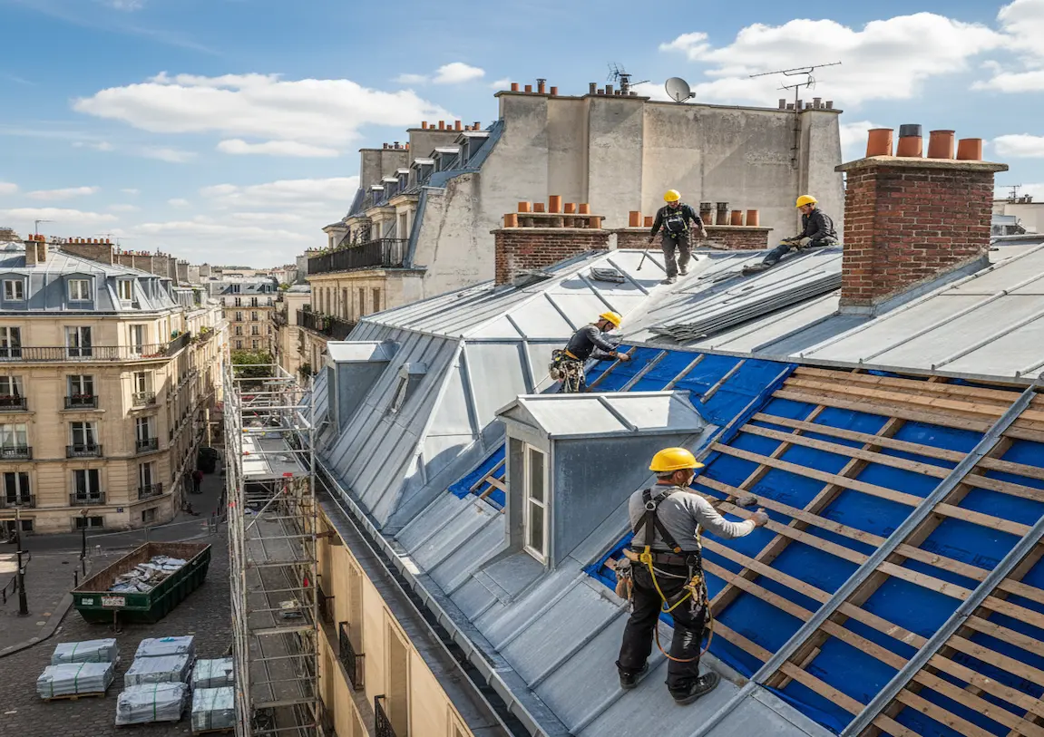 services toiture zinc traditionnelle avec un couvreur casque jaune