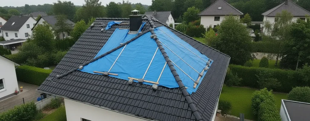 Toiture noire partiellement couverte par une bâche bleue, avec des arbres et de la végétation en arrière-plan