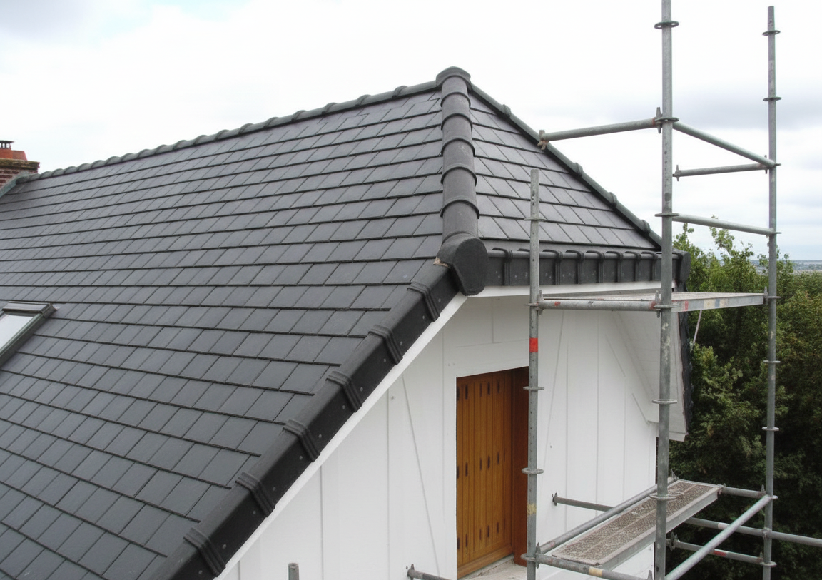 services Toiture rénovée en tuiles noires, mur avec nouvelle fenêtre et échafaudage, échelle retirée après rénovation"