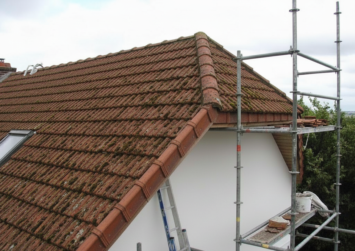 alt="Toiture en tuiles avec mousse, mur visible, échafaudage et échelle à droite avant rénovation"