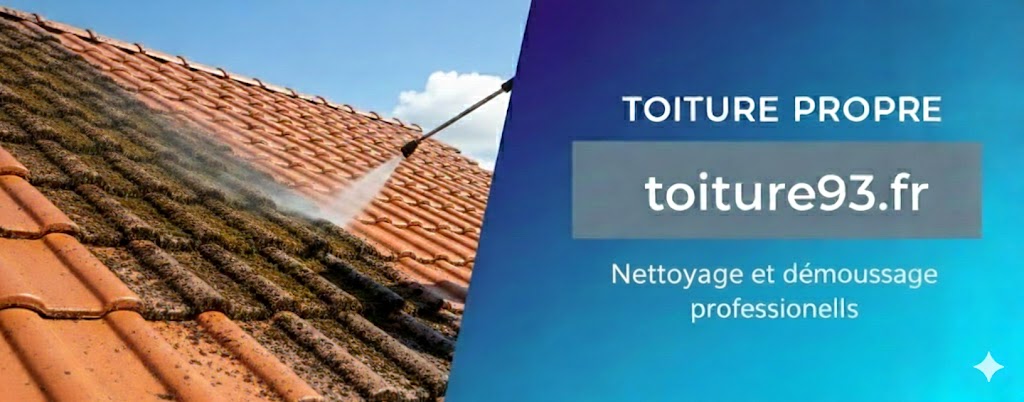 Conseils de pro sur la rénovation de toiture – toiture93.fr Nettoyage et démoussage de toiture en tuiles par un professionnel. Résultat avant-après visible avec jet haute pression et banderole publicitaire toiture93.fr
